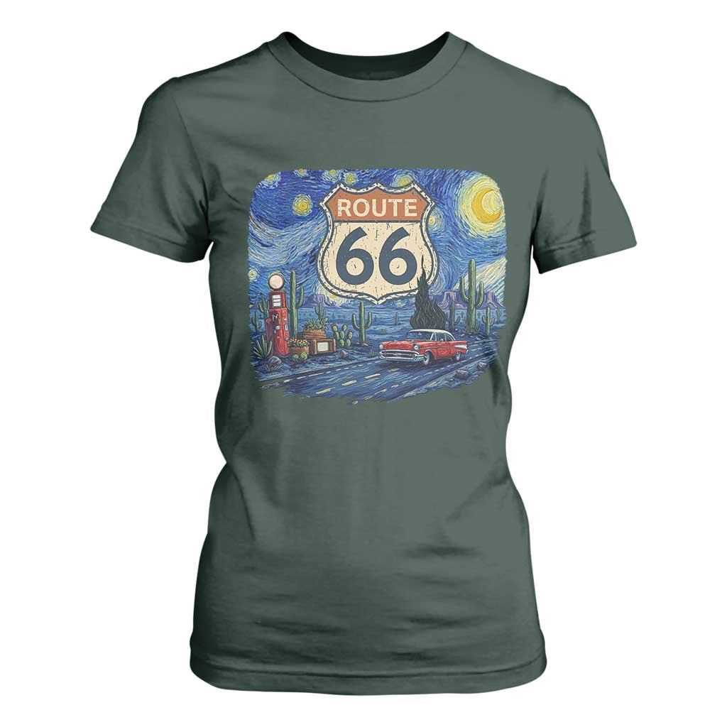 Route Highway 66 Road Sign Distressed Road Trip Starry Night T Shirt For Women