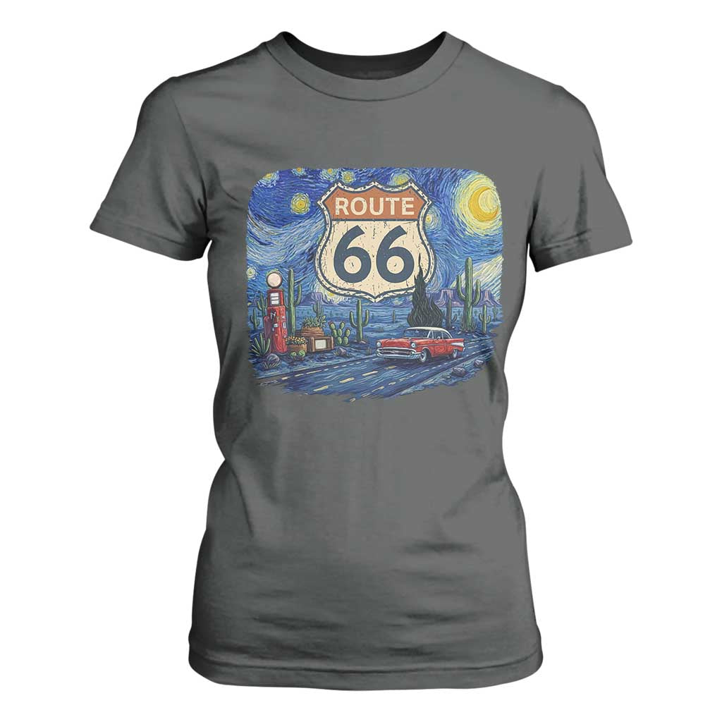 Route Highway 66 Road Sign Distressed Road Trip Starry Night T Shirt For Women