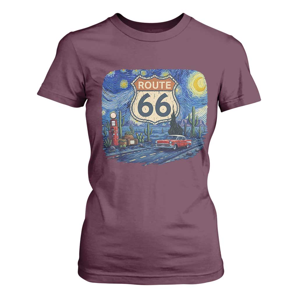 Route Highway 66 Road Sign Distressed Road Trip Starry Night T Shirt For Women