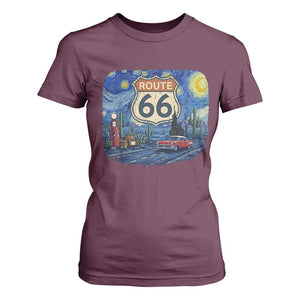 Route Highway 66 Road Sign Distressed Road Trip Starry Night T Shirt For Women