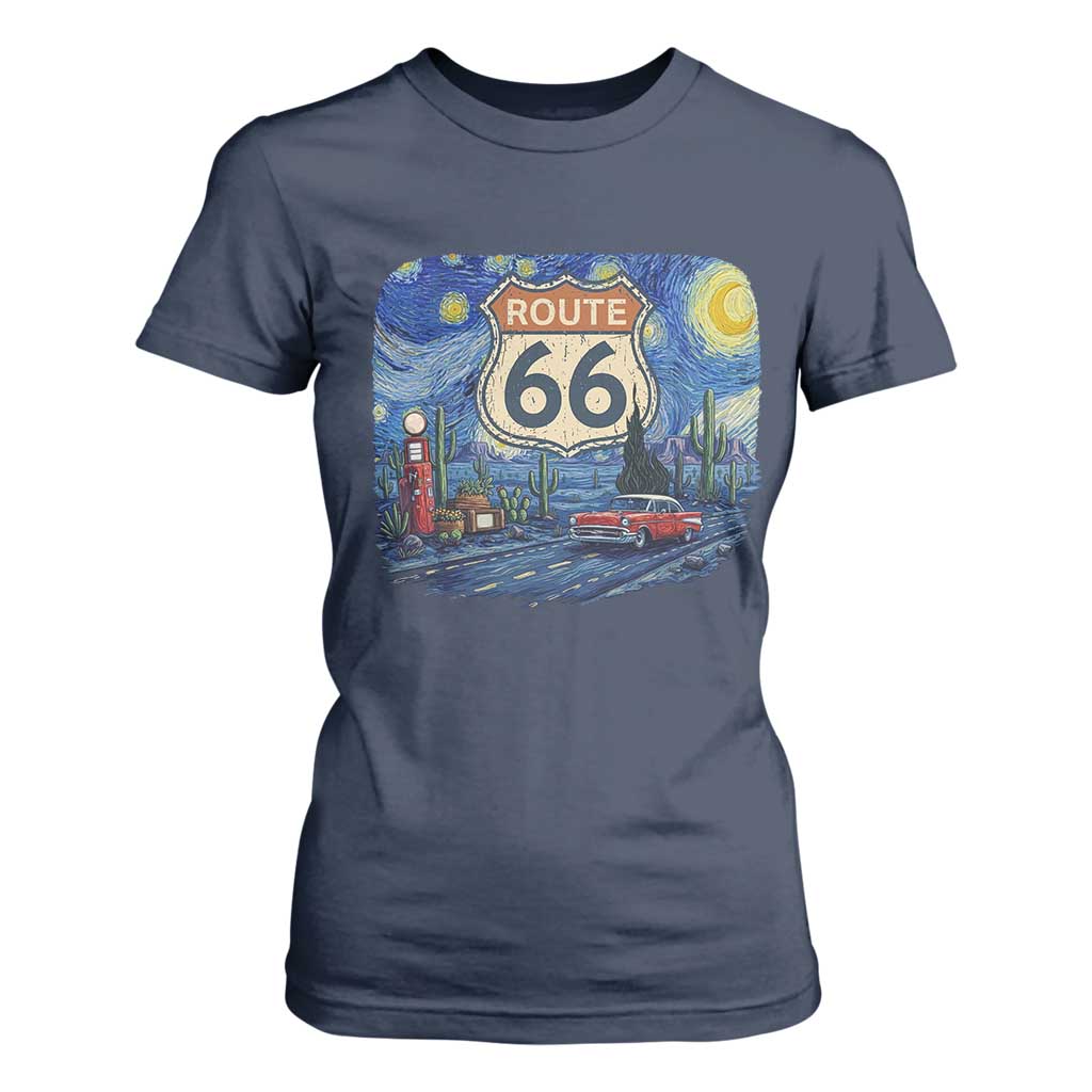 Route Highway 66 Road Sign Distressed Road Trip Starry Night T Shirt For Women