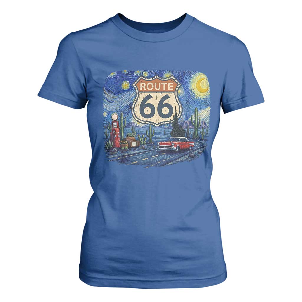 Route Highway 66 Road Sign Distressed Road Trip Starry Night T Shirt For Women