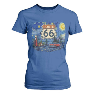 Route Highway 66 Road Sign Distressed Road Trip Starry Night T Shirt For Women