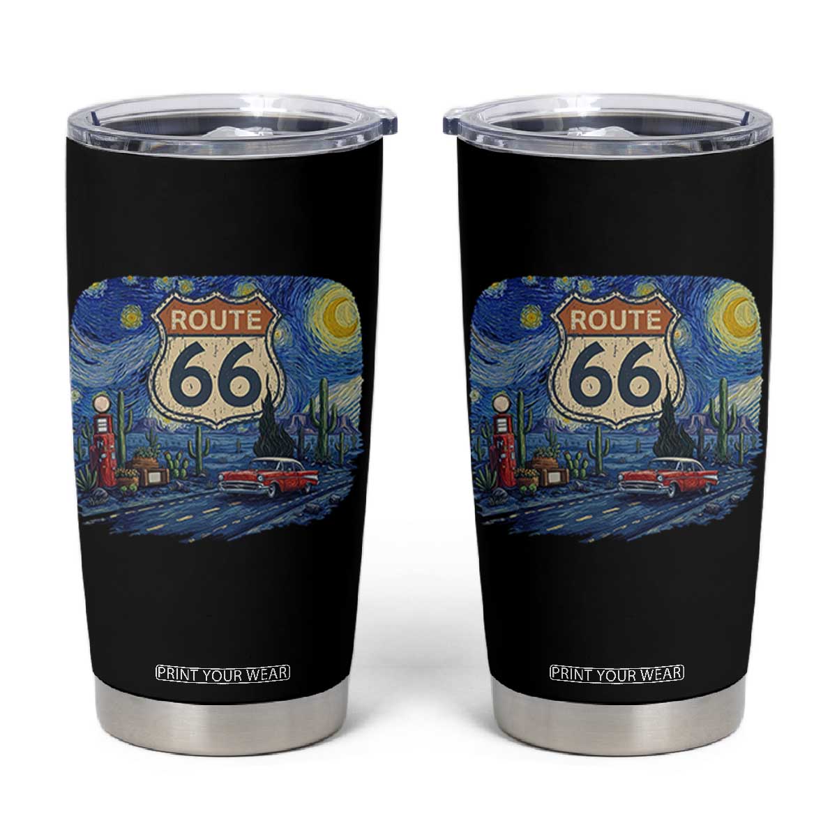 Route Highway 66 Road Sign Distressed Road Trip Starry Night Tumbler Cup