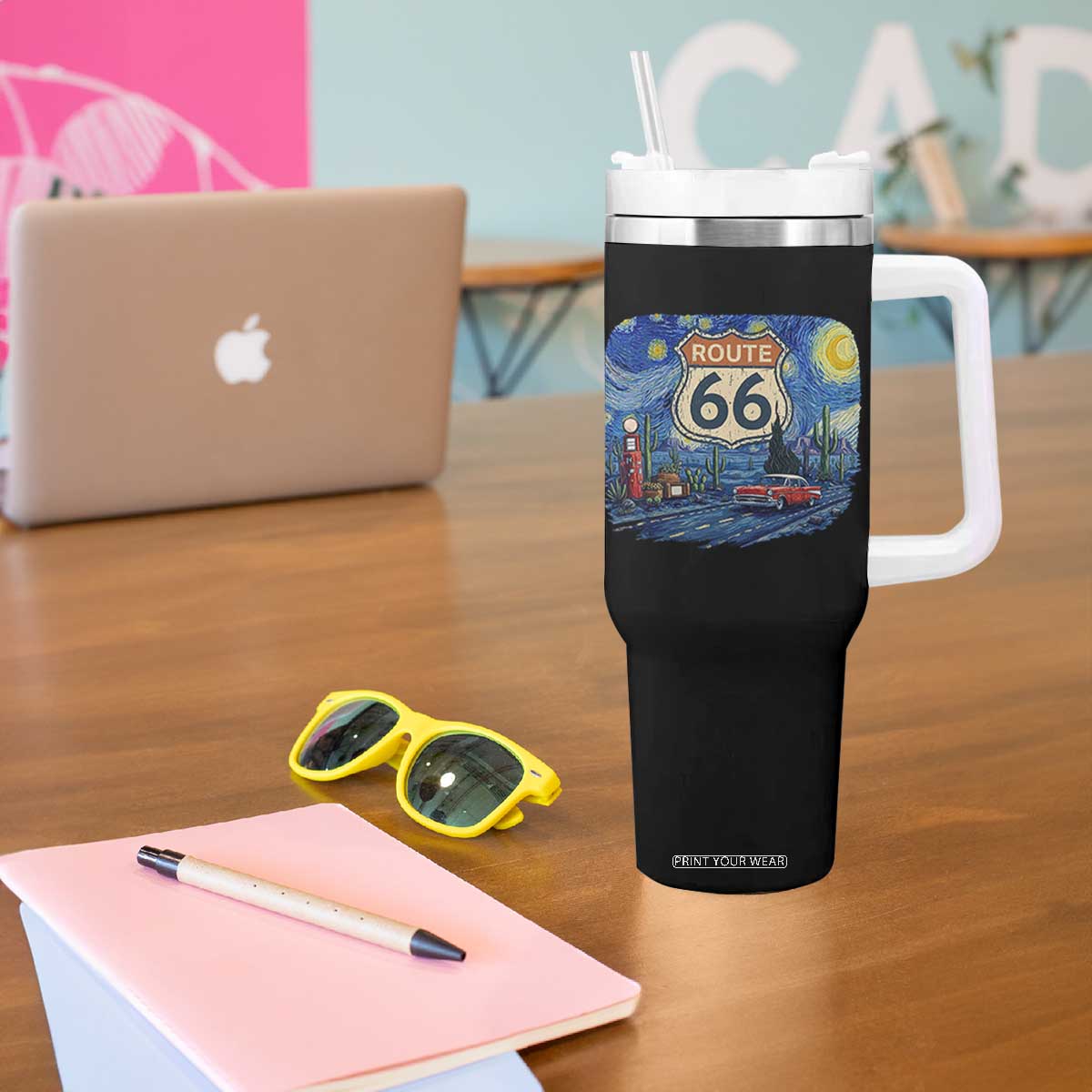 Route Highway 66 Road Sign Distressed Road Trip Starry Night Tumbler With Handle