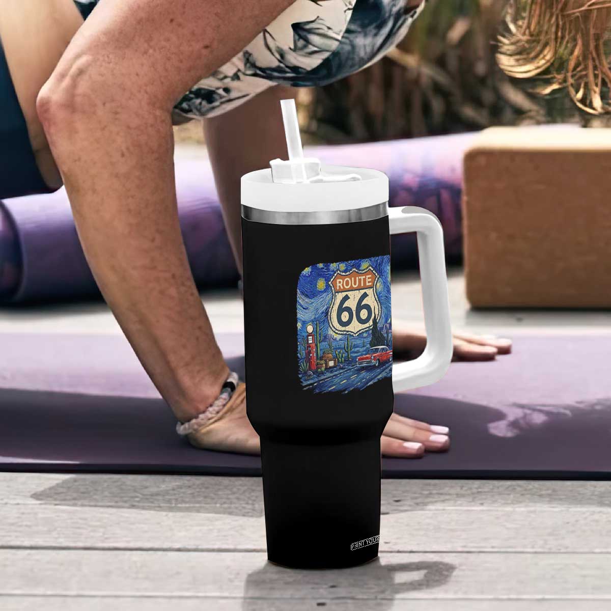 Route Highway 66 Road Sign Distressed Road Trip Starry Night Tumbler With Handle