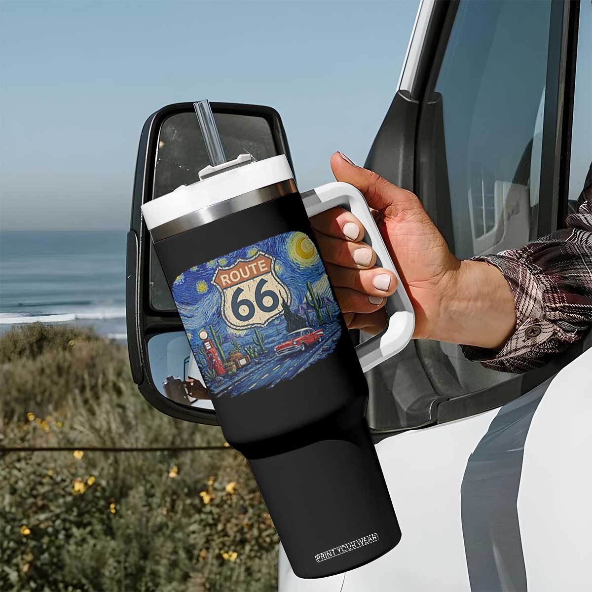 Route Highway 66 Road Sign Distressed Road Trip Starry Night Tumbler With Handle