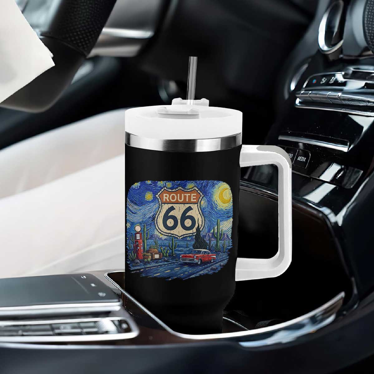 Route Highway 66 Road Sign Distressed Road Trip Starry Night Tumbler With Handle