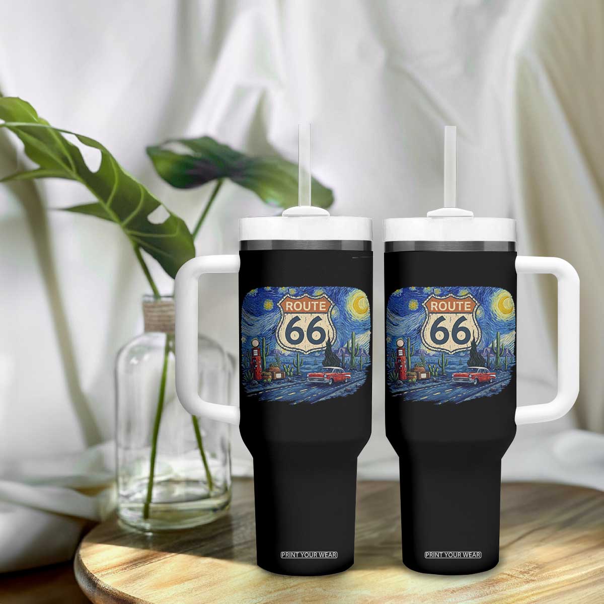 Route Highway 66 Road Sign Distressed Road Trip Starry Night Tumbler With Handle
