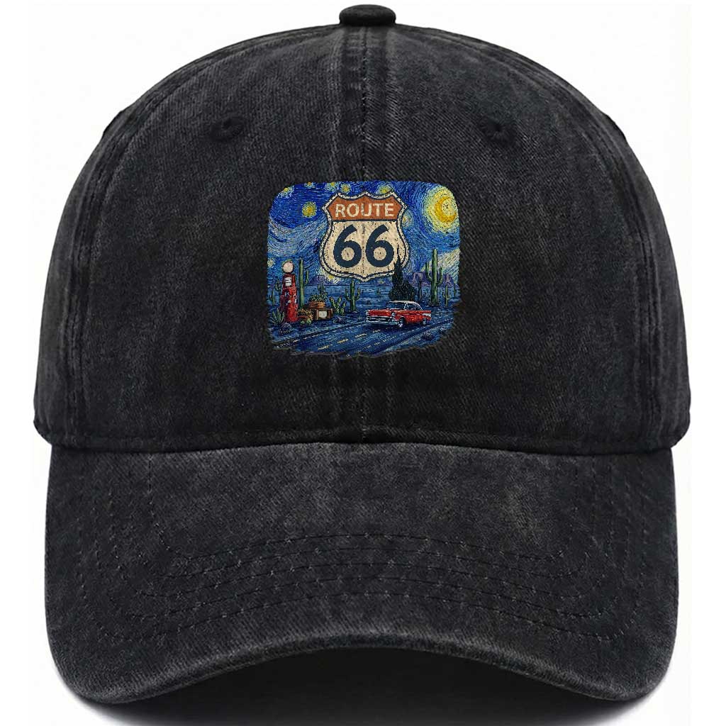 Route Highway 66 Road Sign Distressed Road Trip Starry Night Washed Cotton Baseball Cap