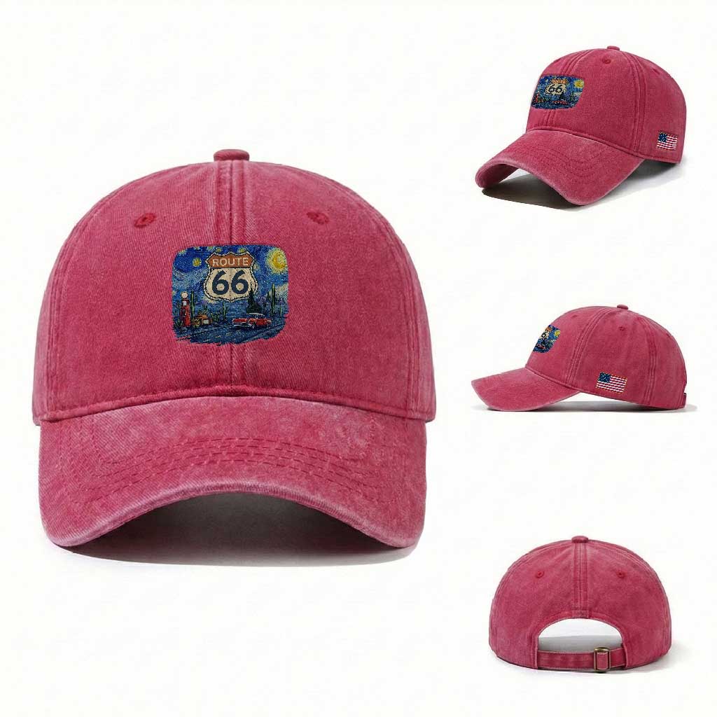 Route Highway 66 Road Sign Distressed Road Trip Starry Night Washed Cotton Baseball Cap