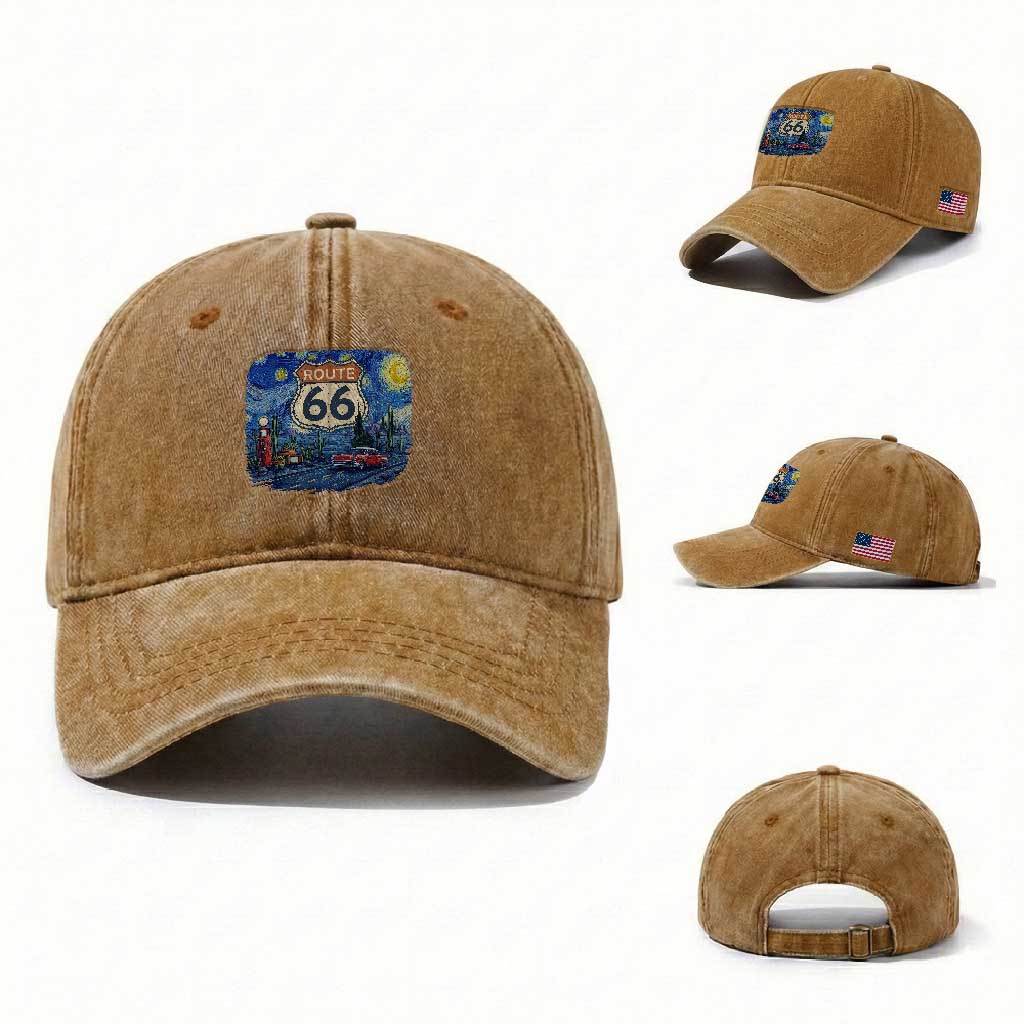 Route Highway 66 Road Sign Distressed Road Trip Starry Night Washed Cotton Baseball Cap