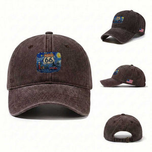 Route Highway 66 Road Sign Distressed Road Trip Starry Night Washed Cotton Baseball Cap