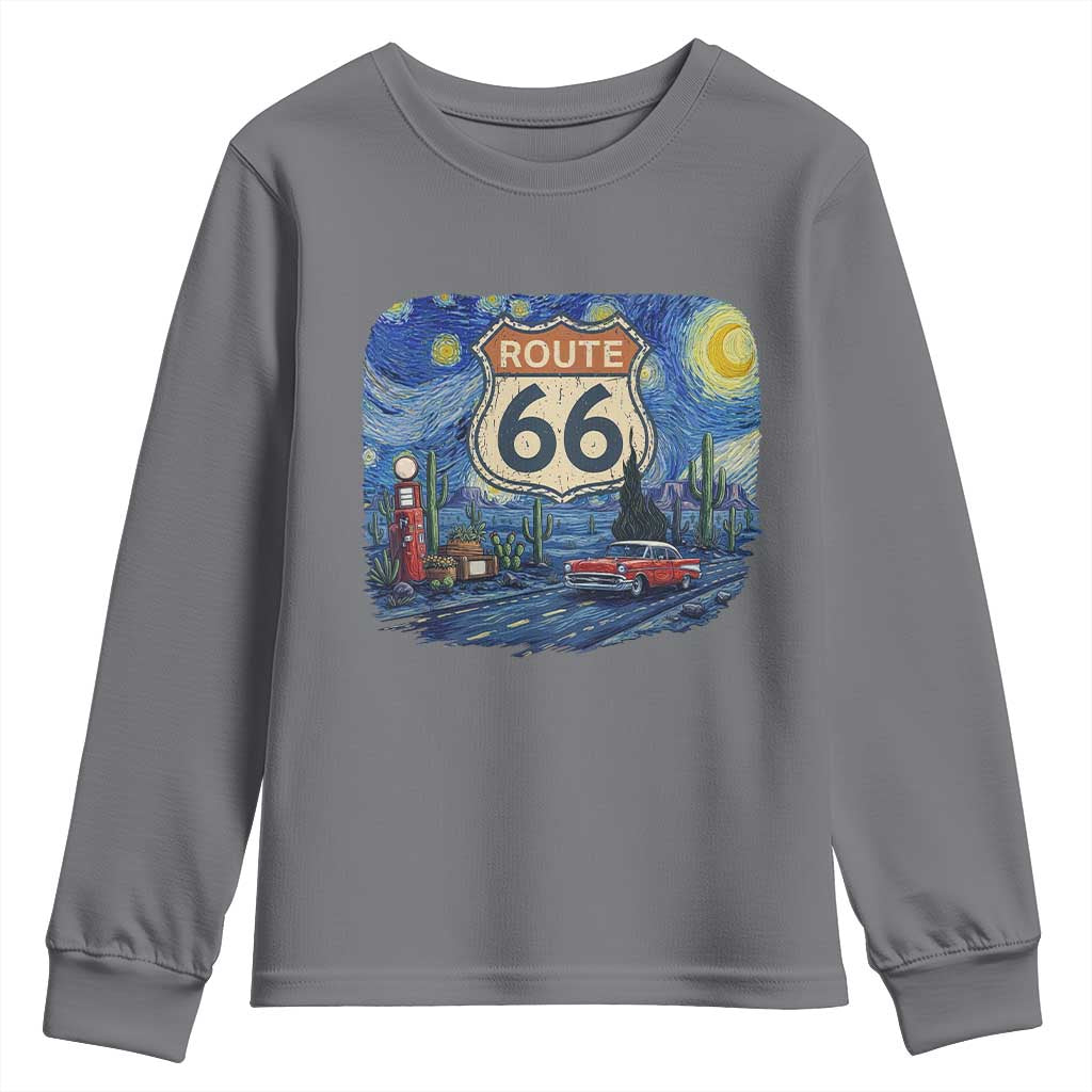 Route Highway 66 Road Sign Distressed Road Trip Starry Night Youth Sweatshirt