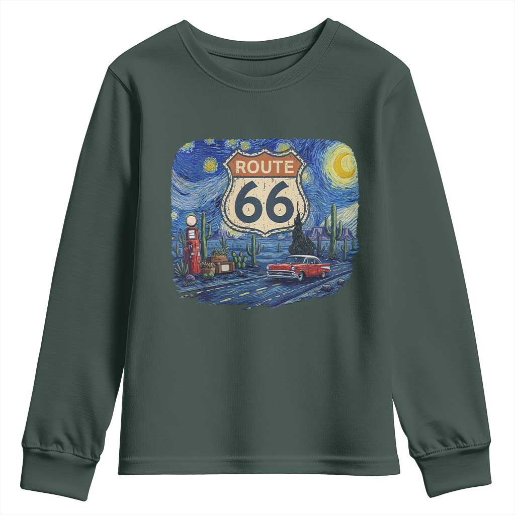 Route Highway 66 Road Sign Distressed Road Trip Starry Night Youth Sweatshirt