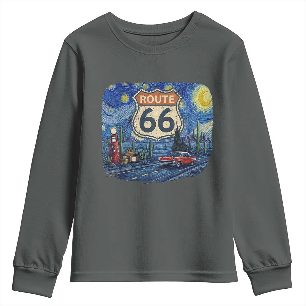 Route Highway 66 Road Sign Distressed Road Trip Starry Night Youth Sweatshirt