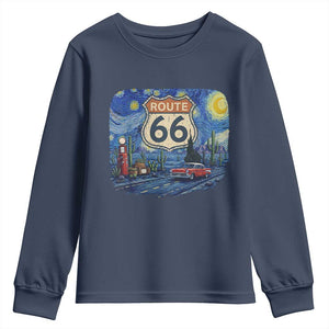 Route Highway 66 Road Sign Distressed Road Trip Starry Night Youth Sweatshirt