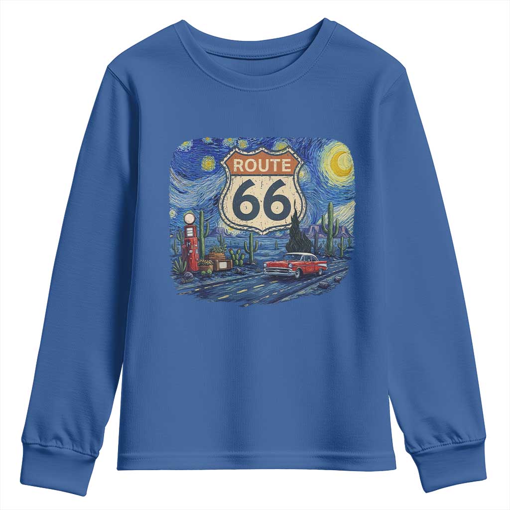 Route Highway 66 Road Sign Distressed Road Trip Starry Night Youth Sweatshirt