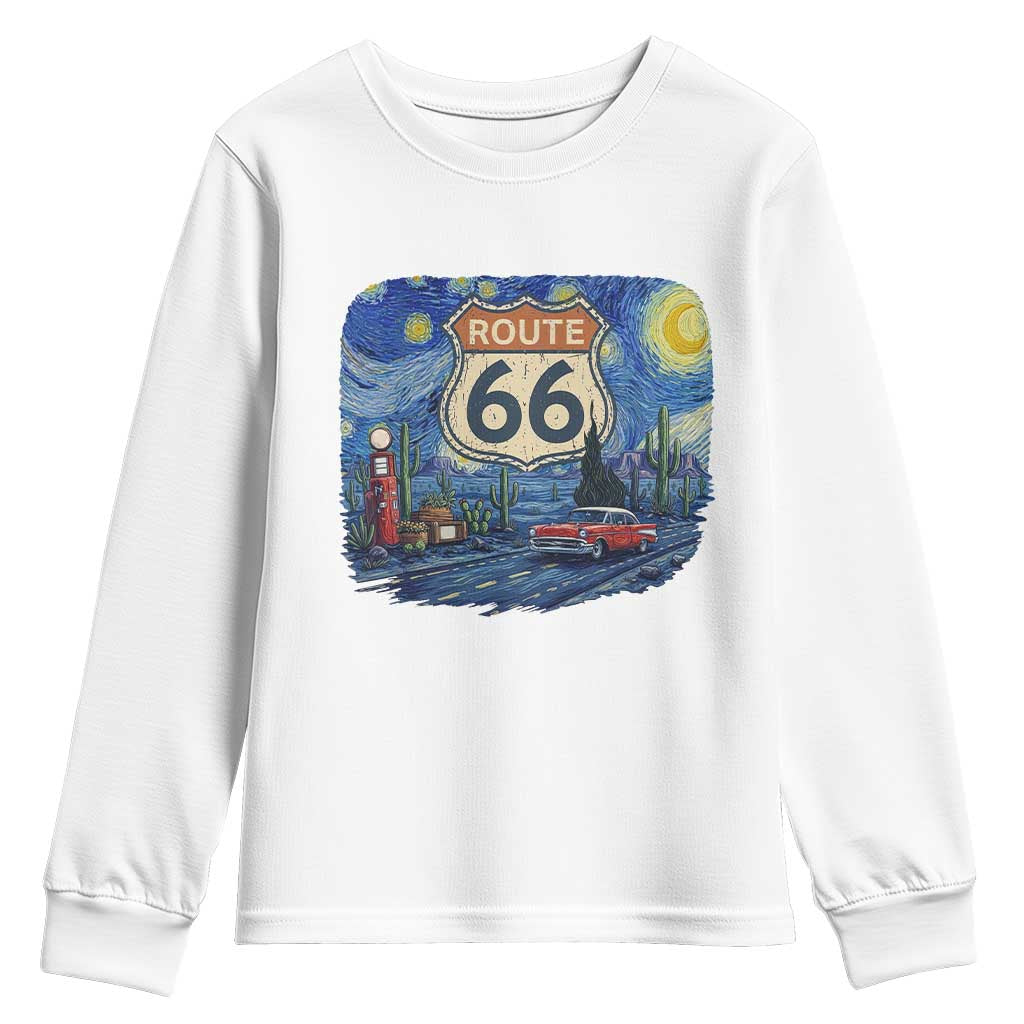 Route Highway 66 Road Sign Distressed Road Trip Starry Night Youth Sweatshirt