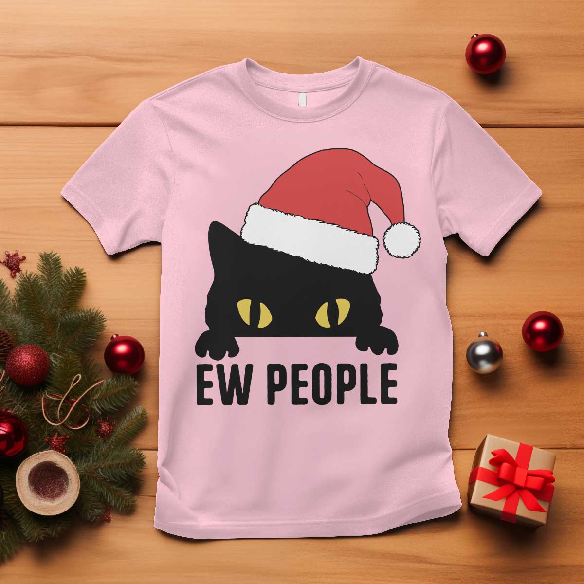 Funny Cat Christmas T Shirt Ew People Anti Social Grumpy Cat Xmas TS14 Light Pink Print Your Wear