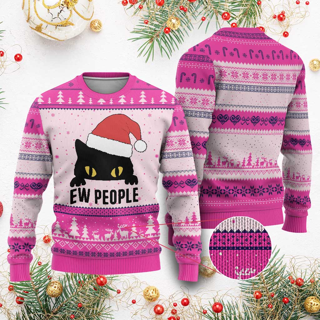 Funny Cat Xmas Ugly Christmas Sweater Ew People Anti Social Grumpy Cat Xmas TS14 Hot Pink Print Your Wear