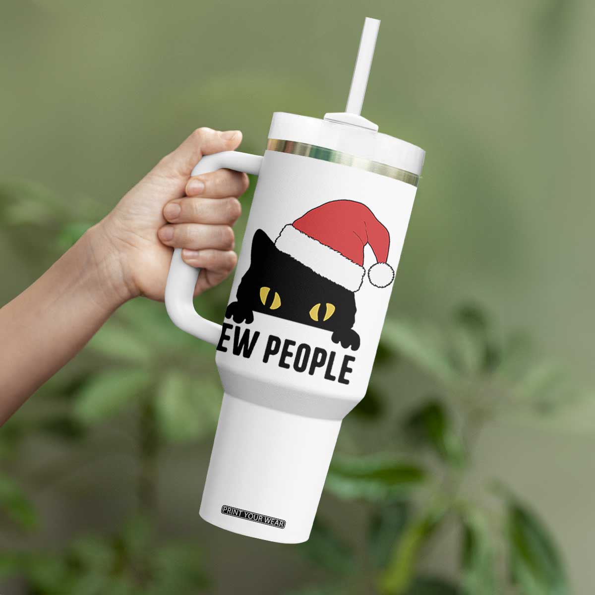 Funny Cat Christmas Tumbler With Handle Ew People Anti Social Grumpy Cat Xmas TS14 Print Your Wear