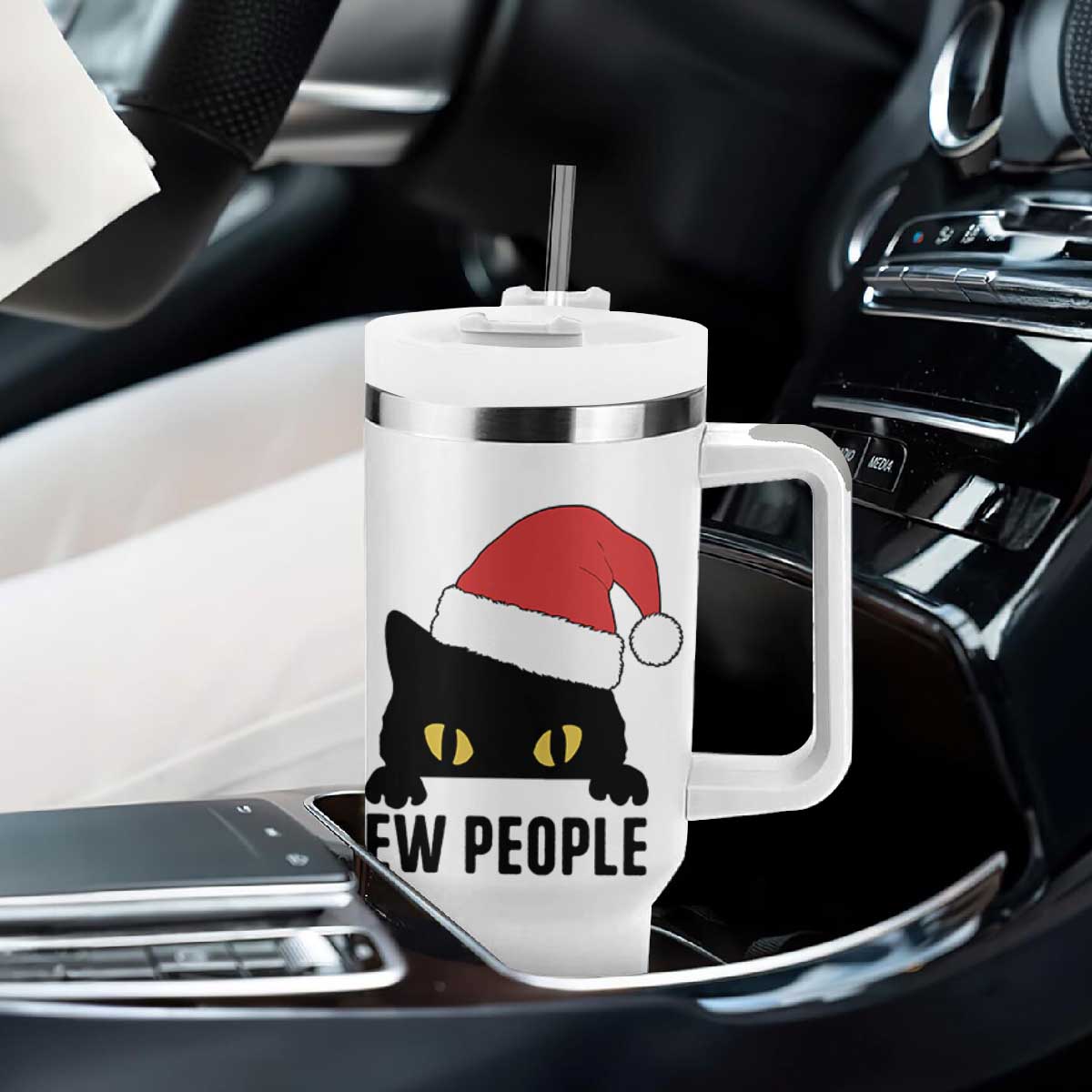 Funny Cat Christmas Tumbler With Handle Ew People Anti Social Grumpy Cat Xmas TS14 Print Your Wear