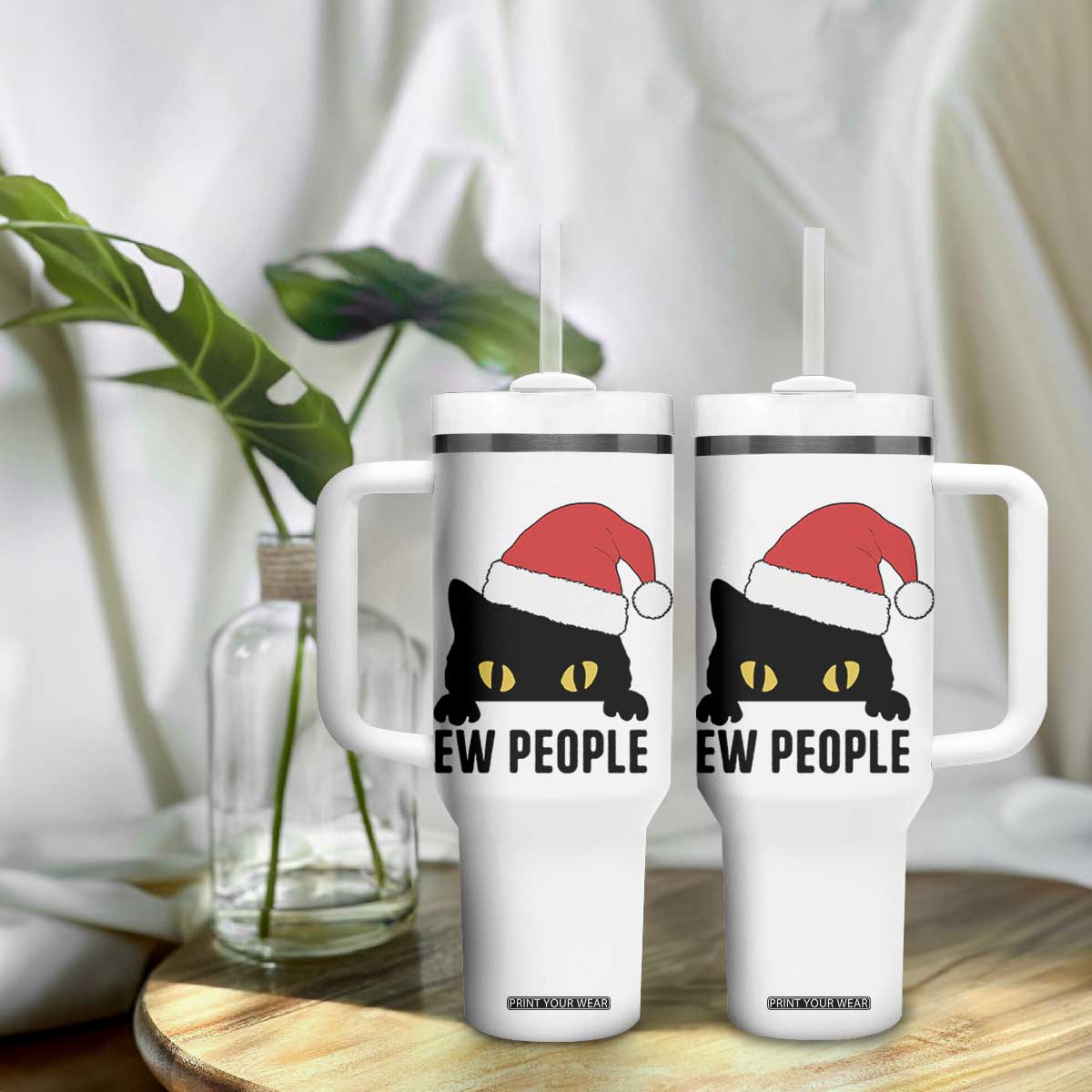 Funny Cat Christmas Tumbler With Handle Ew People Anti Social Grumpy Cat Xmas TS14 Print Your Wear