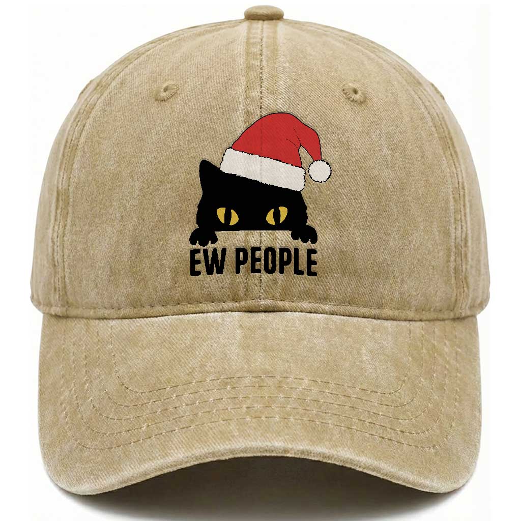 Funny Cat Christmas Washed Cotton Baseball Cap Ew People Anti Social Grumpy Cat Xmas TS14 Washed Cap Universal Fit Khaki Print Your Wear