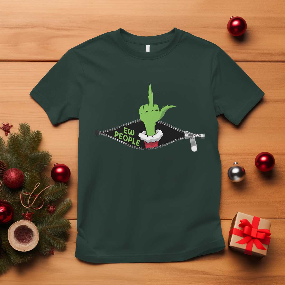 Funny Elf Hand Christmas T Shirt Ew People Anti Socaial Xmas TS14 Dark Forest Green Print Your Wear