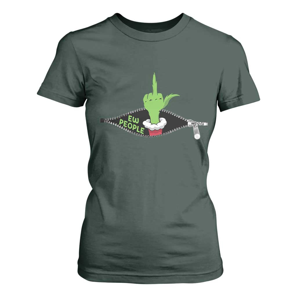 Funny Elf Hand Christmas T Shirt For Women Ew People Anti Socaial Xmas TS14 Dark Forest Green Print Your Wear