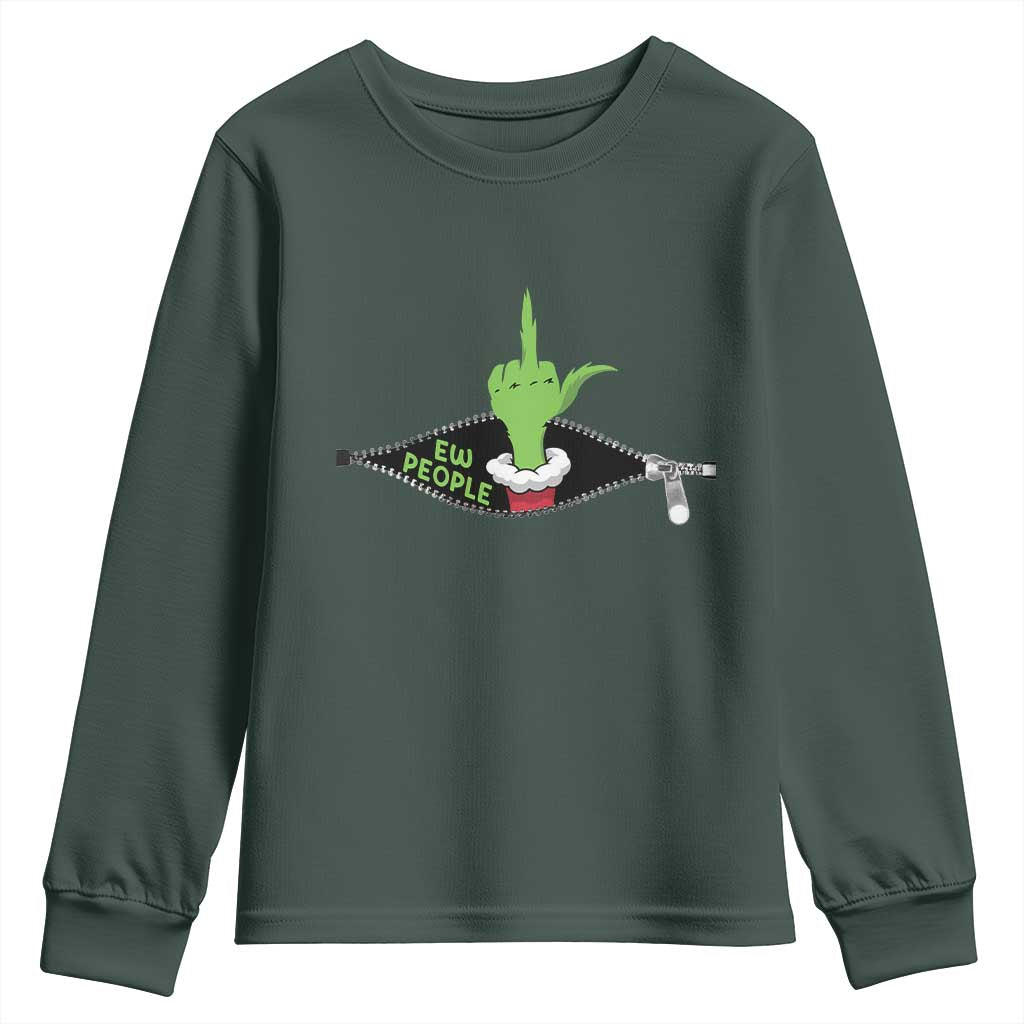 Funny Elf Hand Christmas Youth Sweatshirt Ew People Anti Socaial Xmas TS14 Dark Forest Green Print Your Wear