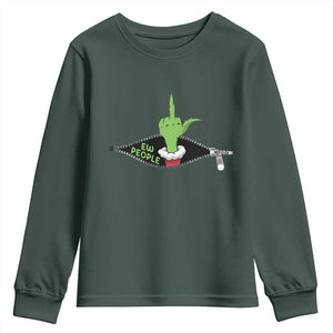 Funny Elf Hand Christmas Youth Sweatshirt Ew People Anti Socaial Xmas TS14 Dark Forest Green Print Your Wear