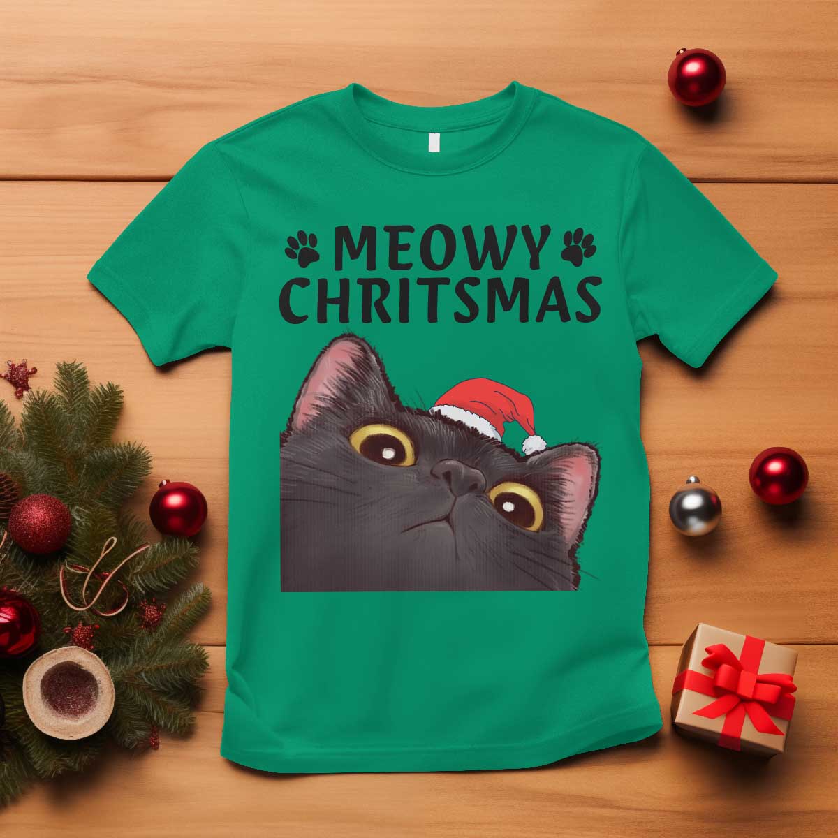 Funny Black Cat Christmas T Shirt Cute Kitty Xmas TS14 Irish Green Print Your Wear