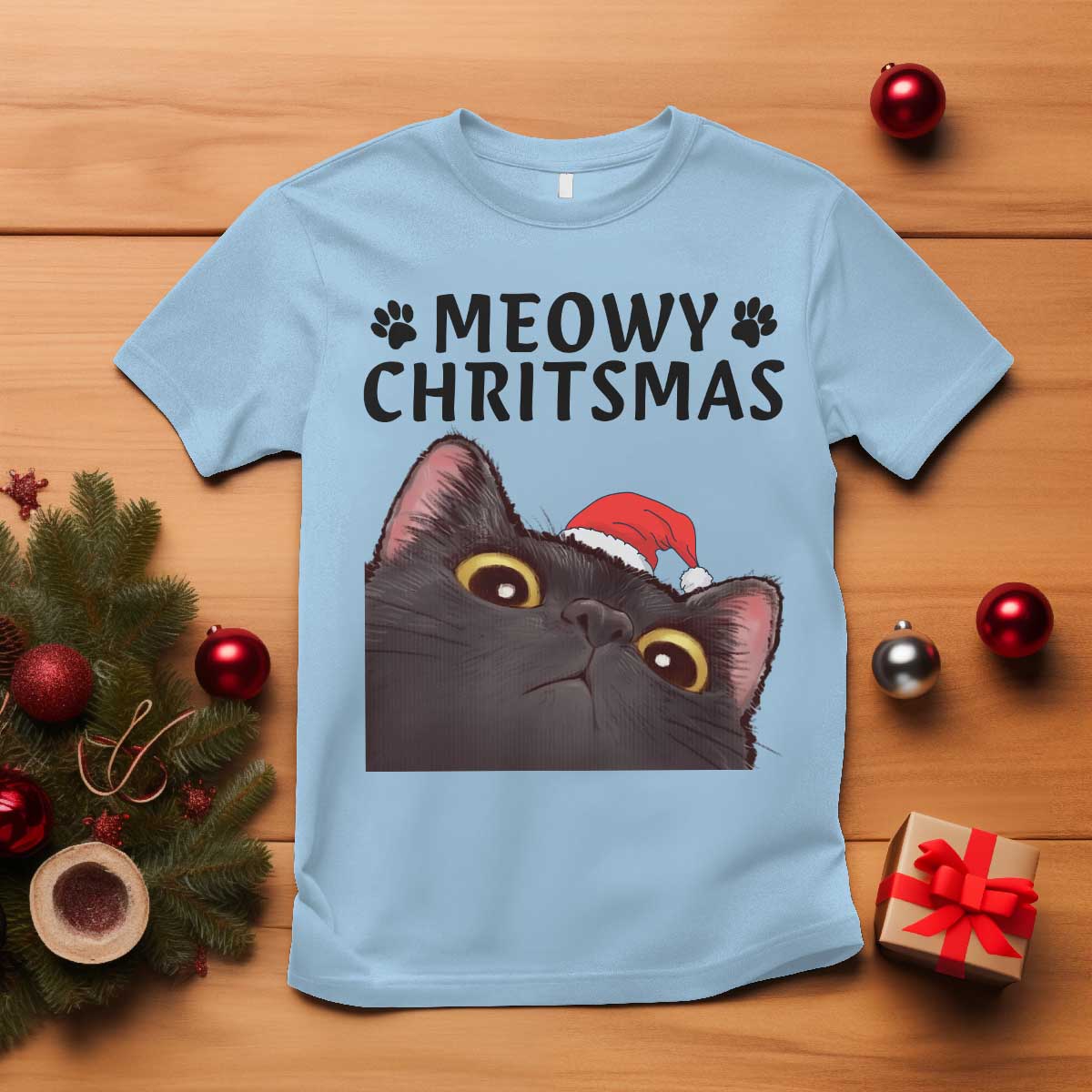 Funny Black Cat Christmas T Shirt Cute Kitty Xmas TS14 Light Blue Print Your Wear