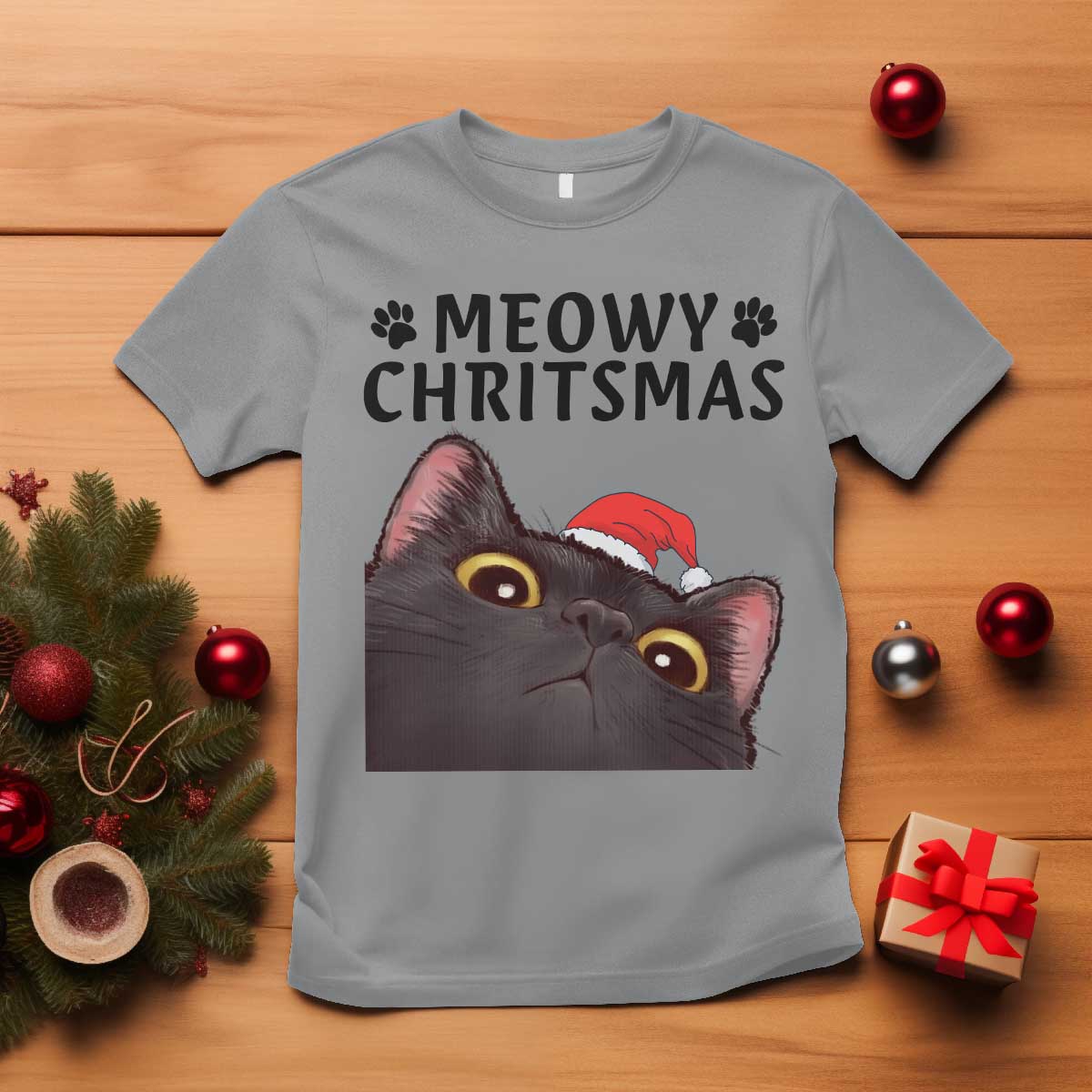 Funny Black Cat Christmas T Shirt Cute Kitty Xmas TS14 Sport Gray Print Your Wear