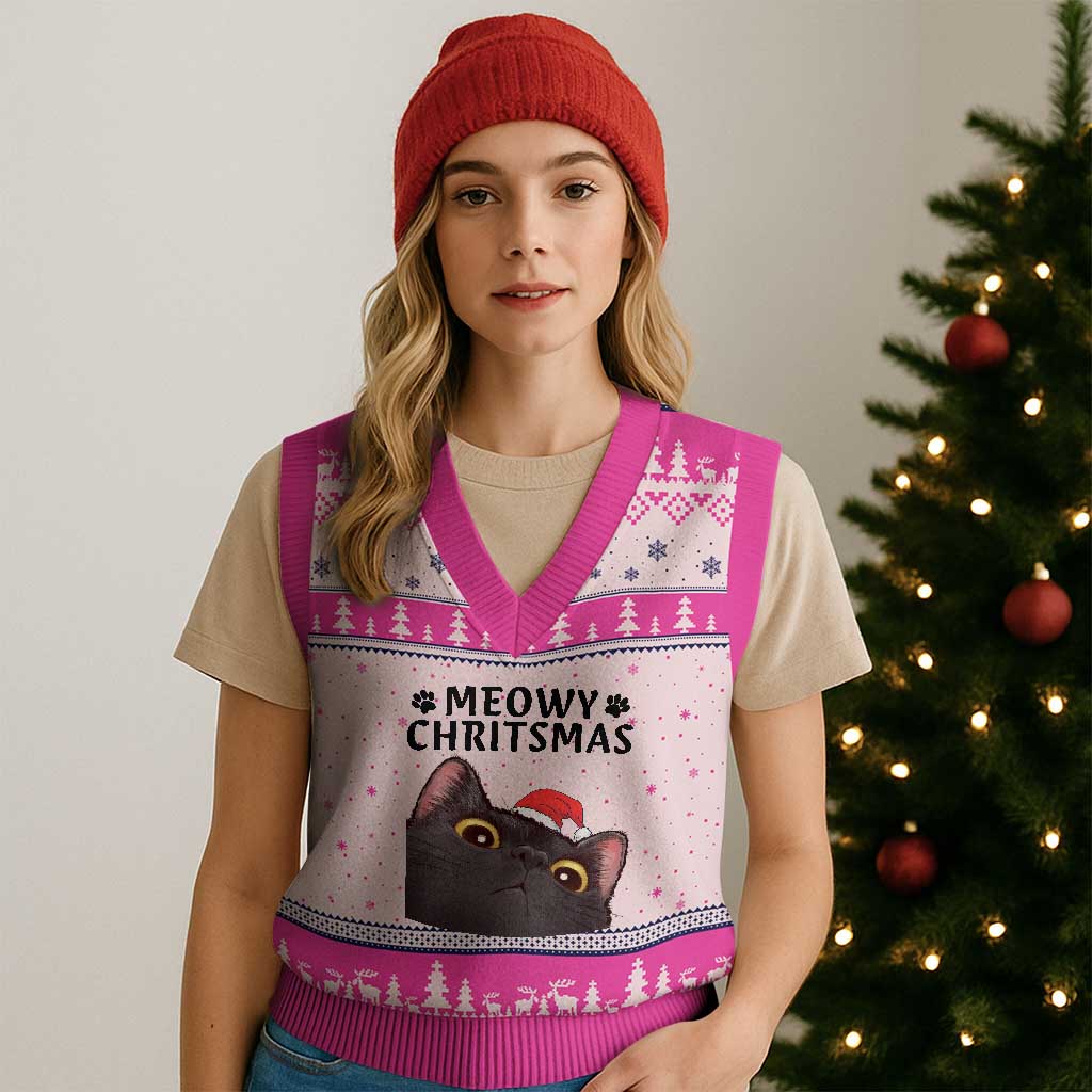 Funny Black Cat Xmas V-Neck Knit Sweater Vest Cute Kitty Xmas TS14 Hot Pink Print Your Wear
