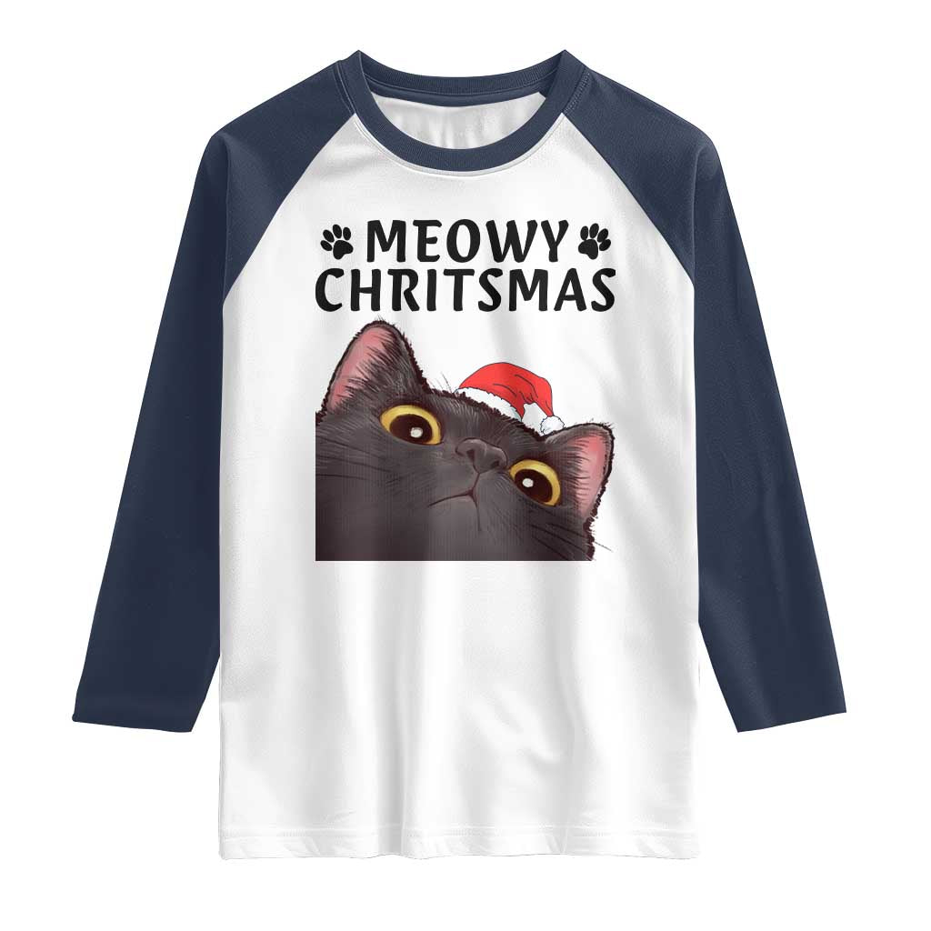 Funny Black Cat Christmas Raglan Shirt Cute Kitty Xmas TS14 White Navy Print Your Wear