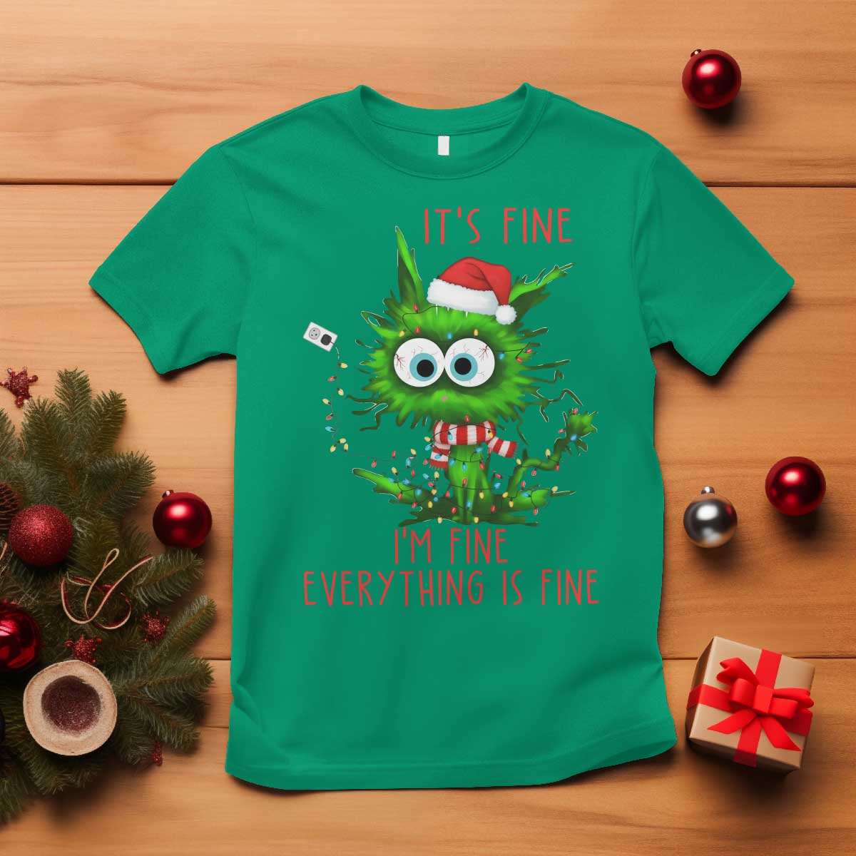 Funny Cat Green Christmas T Shirt It Is Fine I Am Fine Everything Is Fine TS14 Irish Green Print Your Wear
