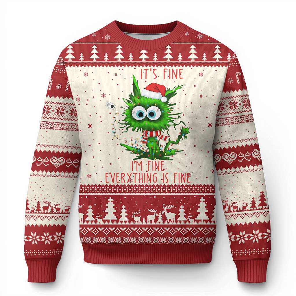 Funny Cat Green Xmas Ugly Christmas Sweater It Is Fine I Am Fine Everything Is Fine TS14 Beige Red Print Your Wear