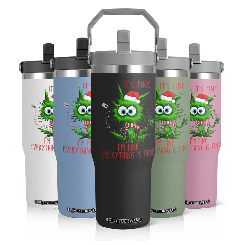 Funny Cat Green Christmas Flip Straw Tumbler It Is Fine I Am Fine Everything Is Fine TS14 Print Your Wear