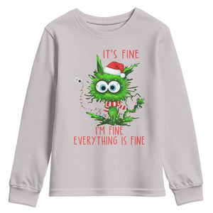 Funny Cat Green Christmas Youth Sweatshirt It Is Fine I Am Fine Everything Is Fine TS14 Ice Gray Print Your Wear