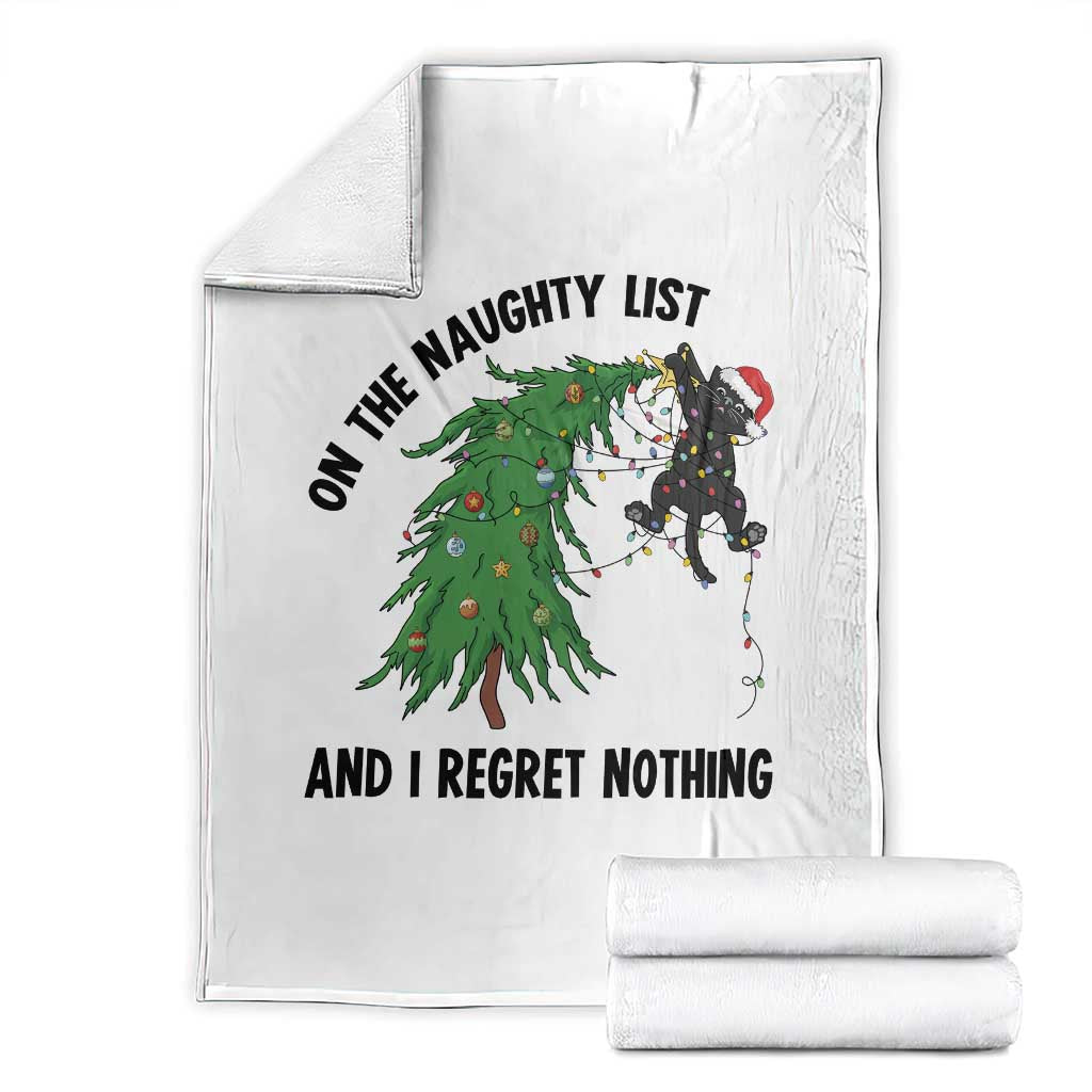 Funny Black Cat Christmas Throw Blanket On the Naughty List And I Regret Nothing TS14 White Print Your Wear