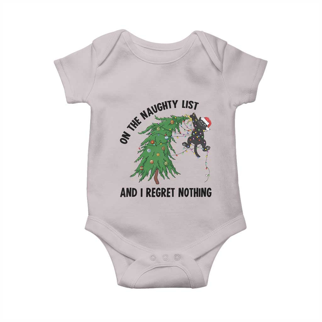 Funny Black Cat Christmas Baby Onesie On the Naughty List And I Regret Nothing TS14 Ice Gray Print Your Wear