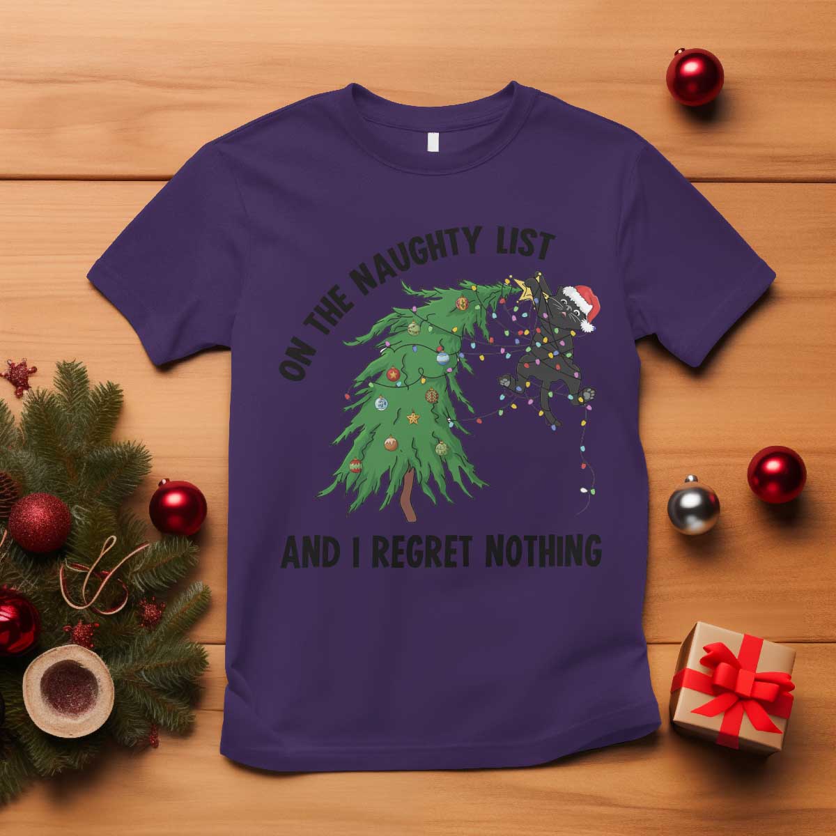 Funny Black Cat Christmas T Shirt On the Naughty List And I Regret Nothing TS14 Purple Print Your Wear