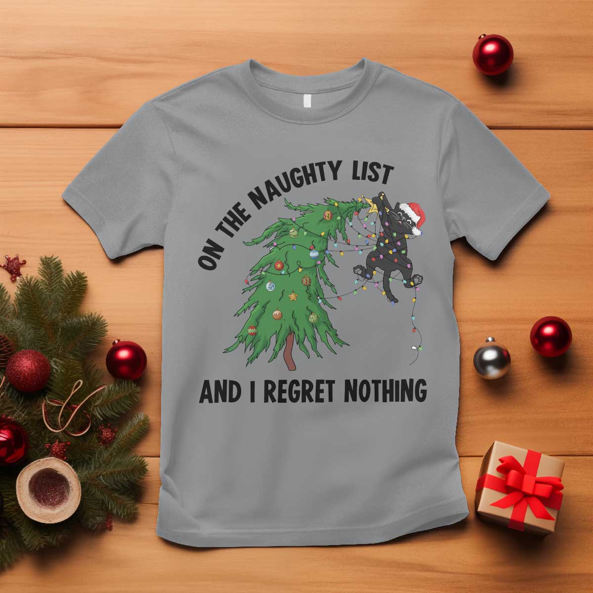 Funny Black Cat Christmas T Shirt On the Naughty List And I Regret Nothing TS14 Sport Gray Print Your Wear