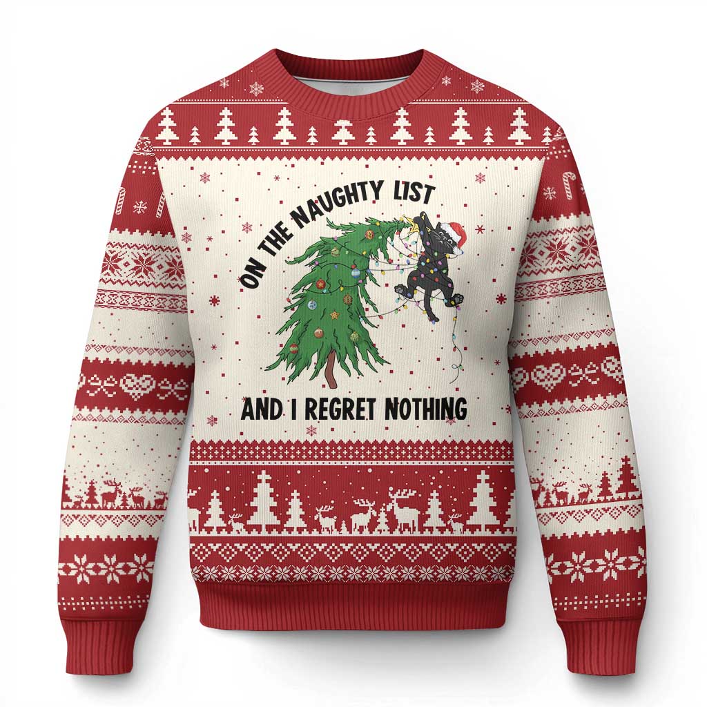 Funny Black Cat Xmas Ugly Christmas Sweater On the Naughty List And I Regret Nothing TS14 Beige Red Print Your Wear