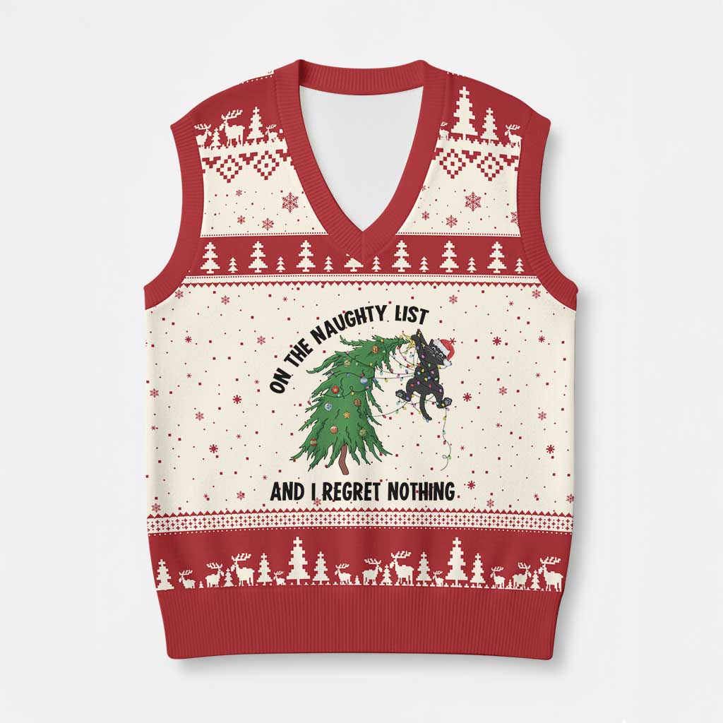 Funny Black Cat Xmas V-Neck Knit Sweater Vest On the Naughty List And I Regret Nothing TS14 Beige Red Print Your Wear