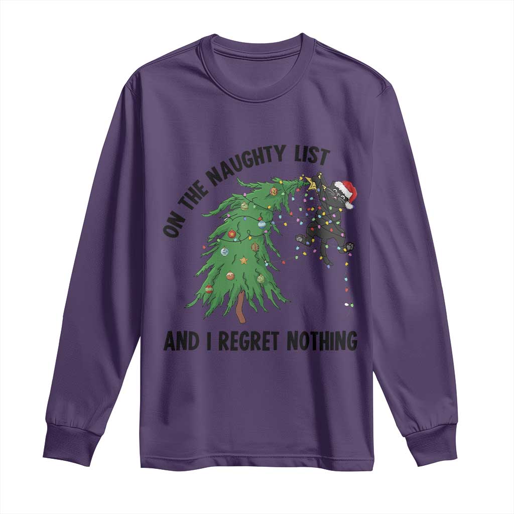 Funny Black Cat Christmas Long Sleeve Shirt On the Naughty List And I Regret Nothing TS14 Purple Print Your Wear