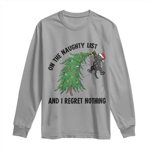 Funny Black Cat Christmas Long Sleeve Shirt On the Naughty List And I Regret Nothing TS14 Sport Gray Print Your Wear